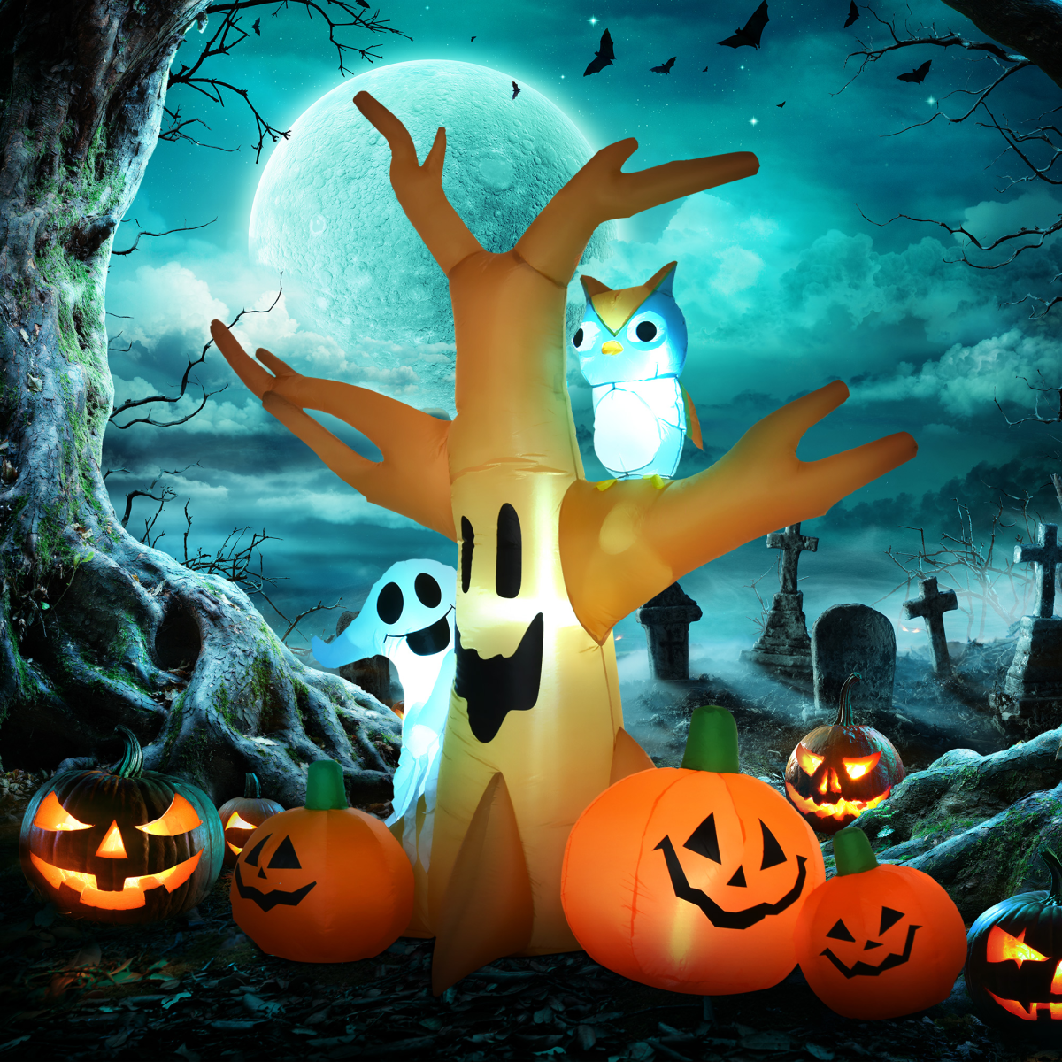 240cm Large Halloween Scary Lighting Inflatable Tree Ghost 3 Pumpkins Owl 4 LED