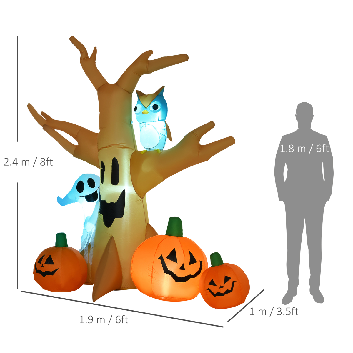 240cm Large Halloween Scary Lighting Inflatable Tree Ghost 3 Pumpkins Owl 4 LED