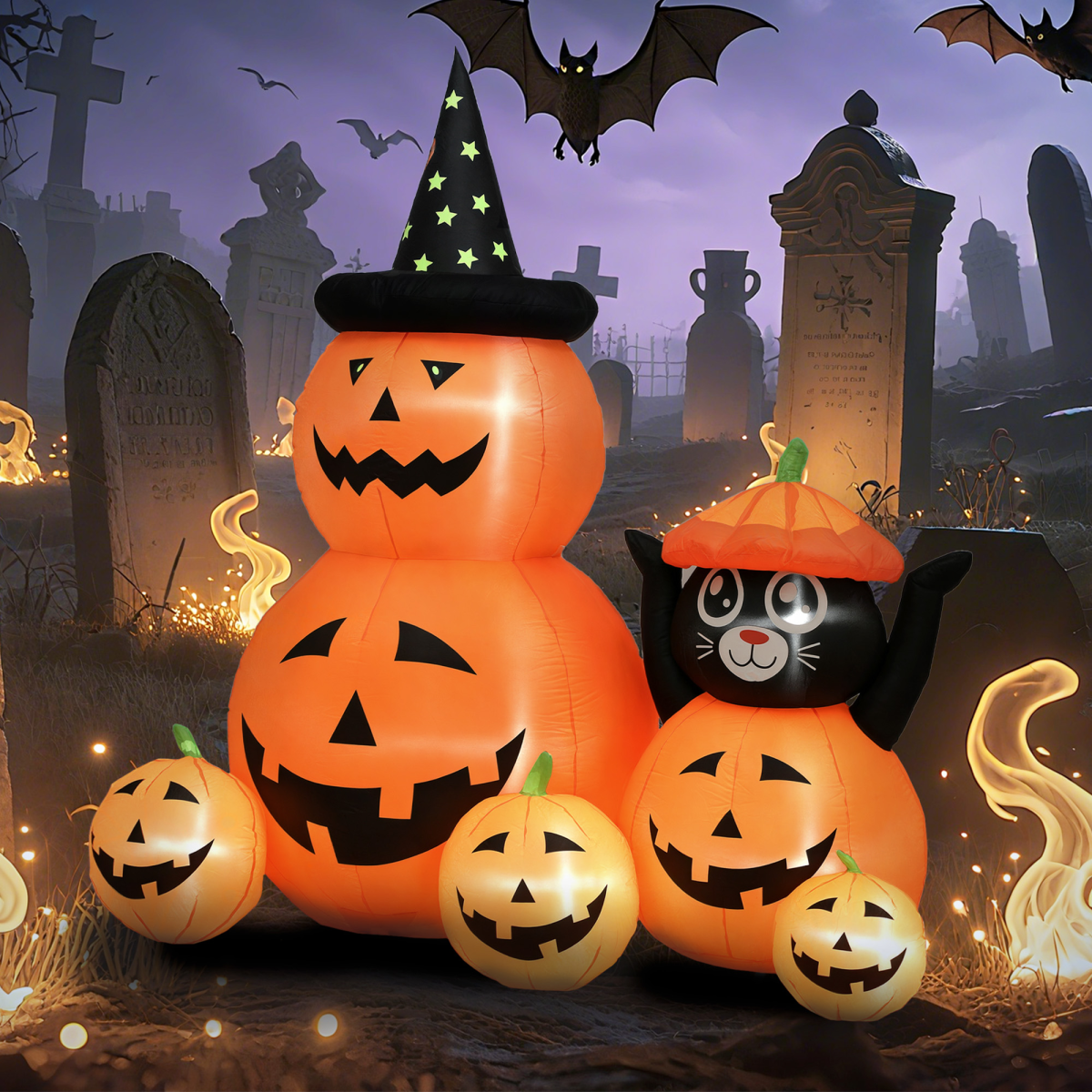 Outsunny Pumpkin and Cat with LED Lights, Halloween Inflatables Decoration