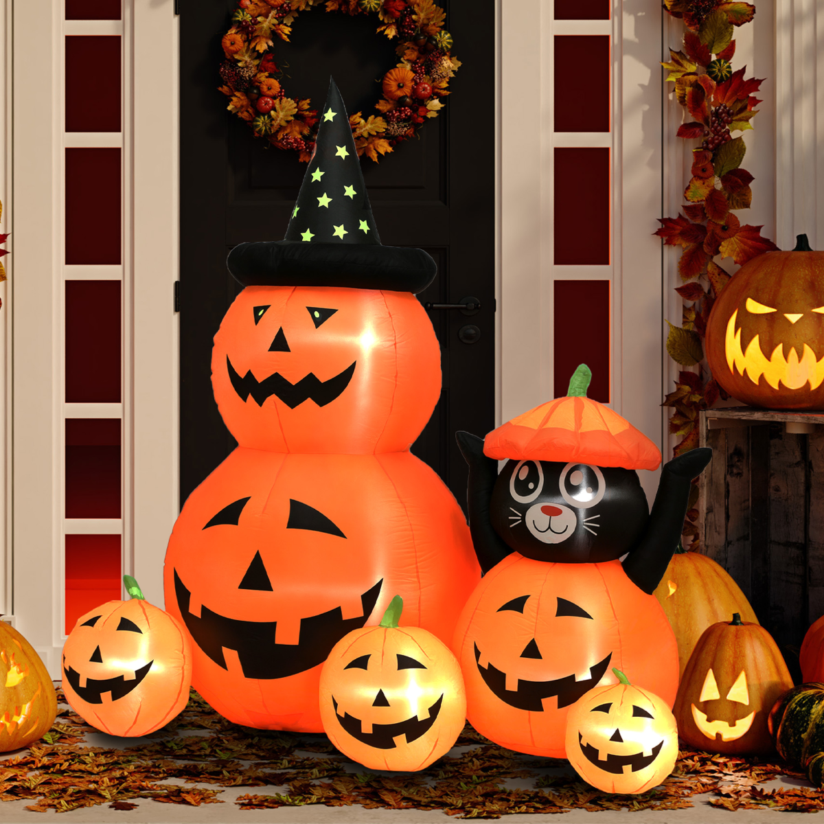Outsunny Pumpkin and Cat with LED Lights, Halloween Inflatables Decoration
