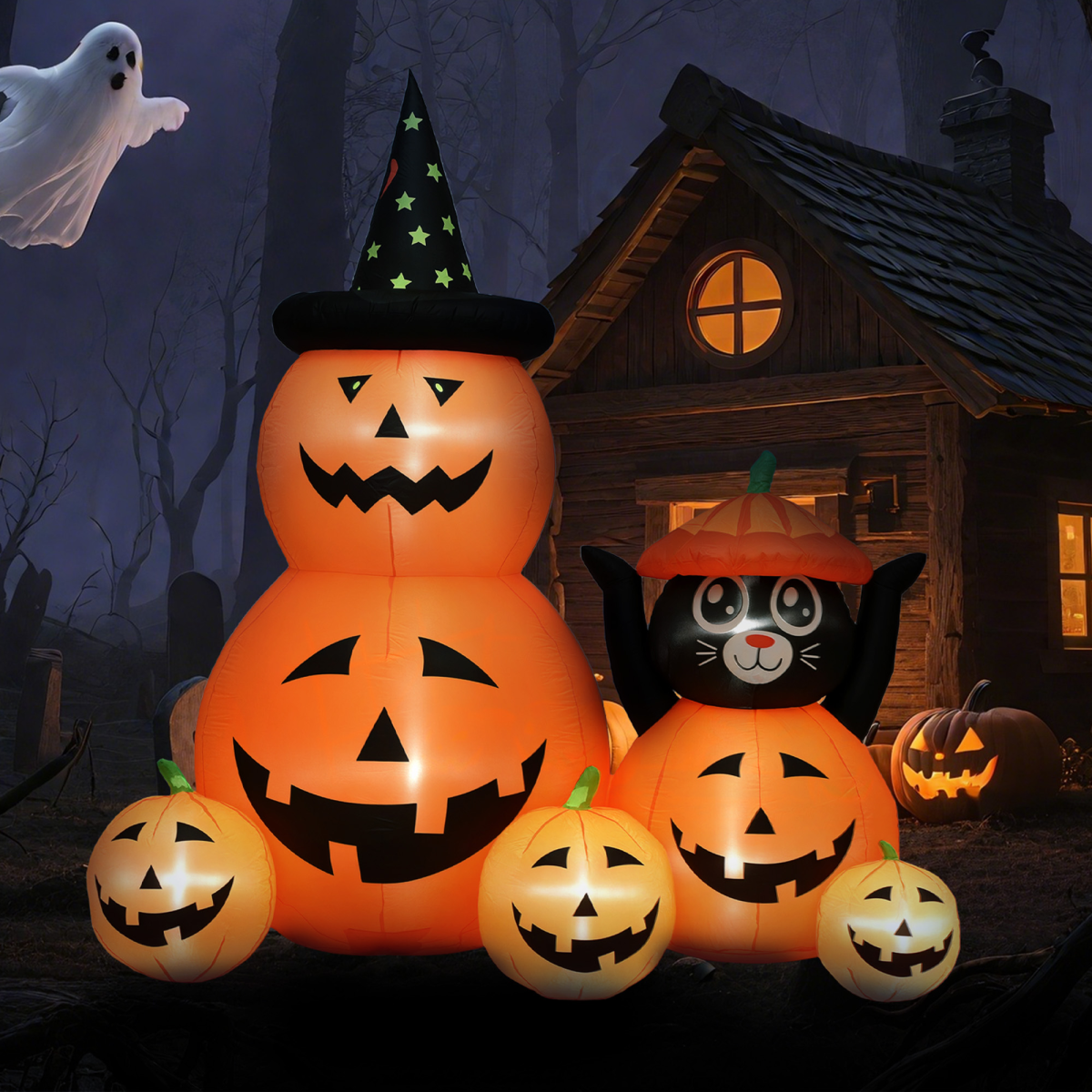 Outsunny Pumpkin and Cat with LED Lights, Halloween Inflatables Decoration