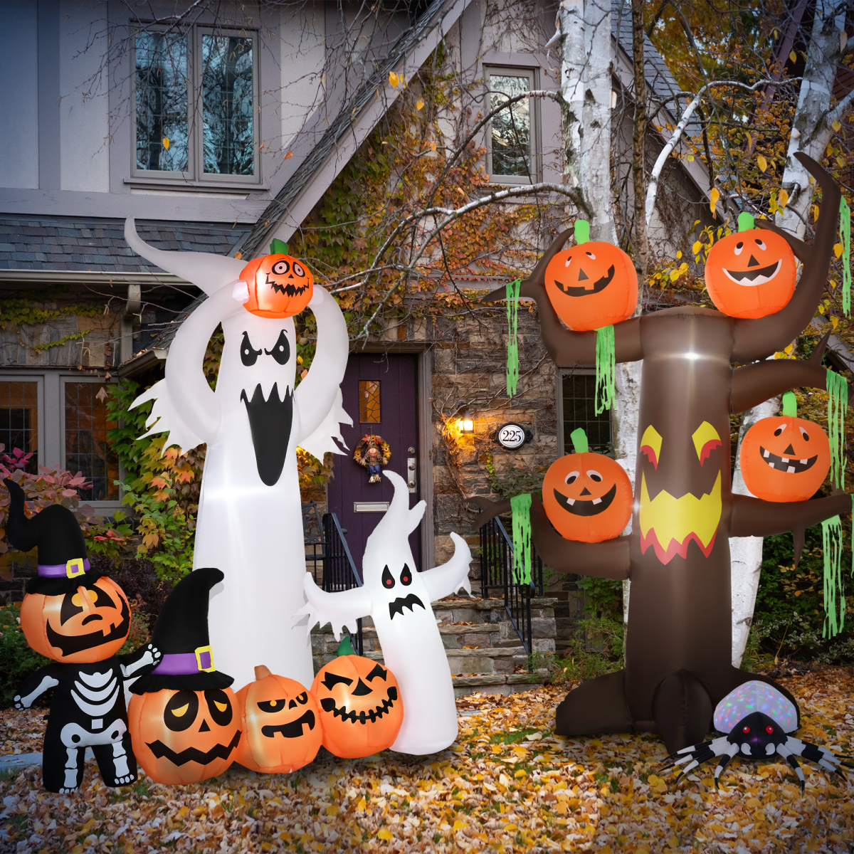 Halloween Decoration 2.4m Inflatable Ghost Tree with Pumpkins and 6 LED Lights