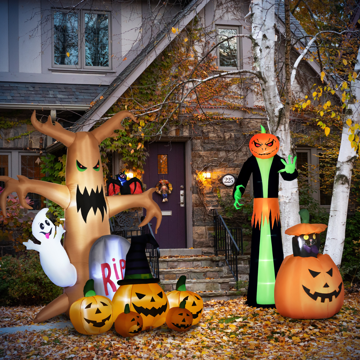 6ft Inflatable Halloween Large Pumpkin Hat with Four Small Pumpkins Blow-Up LED