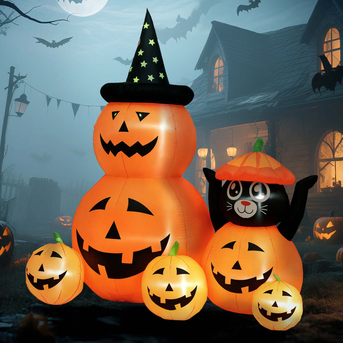 Outsunny Pumpkin and Cat with LED Lights, Halloween Inflatables Decoration