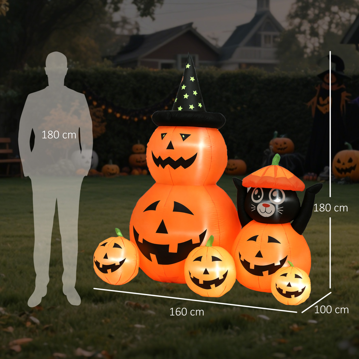 Outsunny Pumpkin and Cat with LED Lights, Halloween Inflatables Decoration