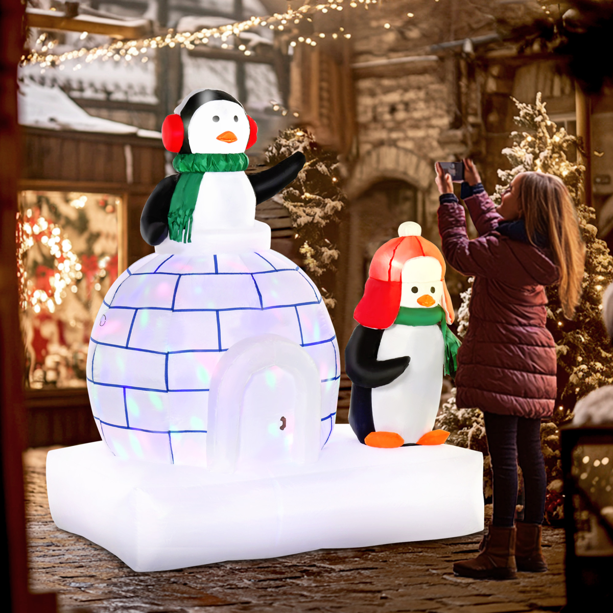 5ft Christmas Inflatable Penguins Wearing a Scarf with Ice House In & outdoors